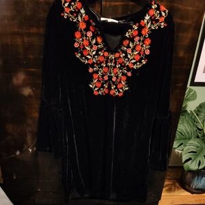 Goth Witchy Velvet Dress With Floral Embroidery and Bell Sleeves Whimsigoth